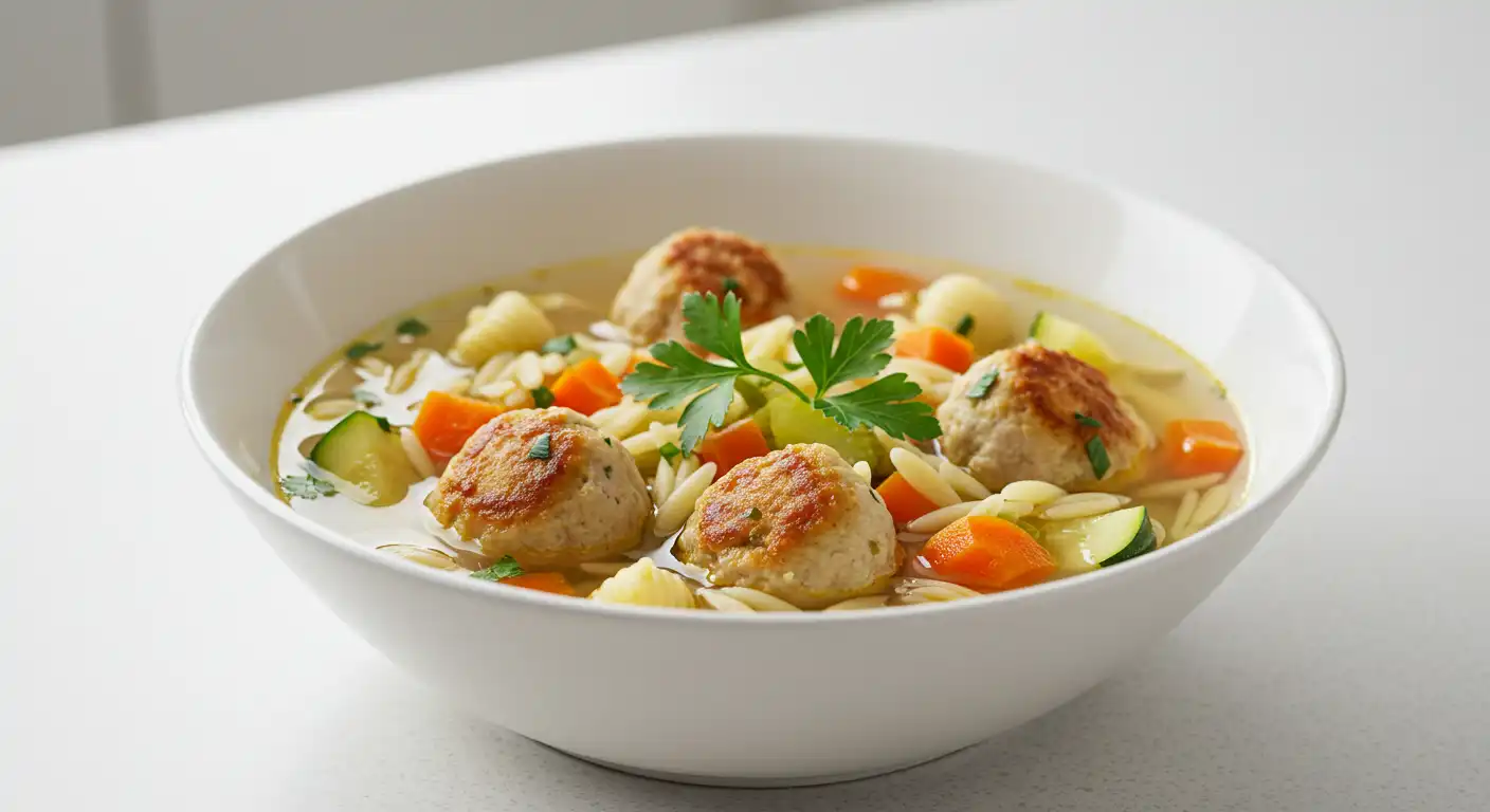 Homemade Chickarina Soup served in a bowl on a kitchen countertop.