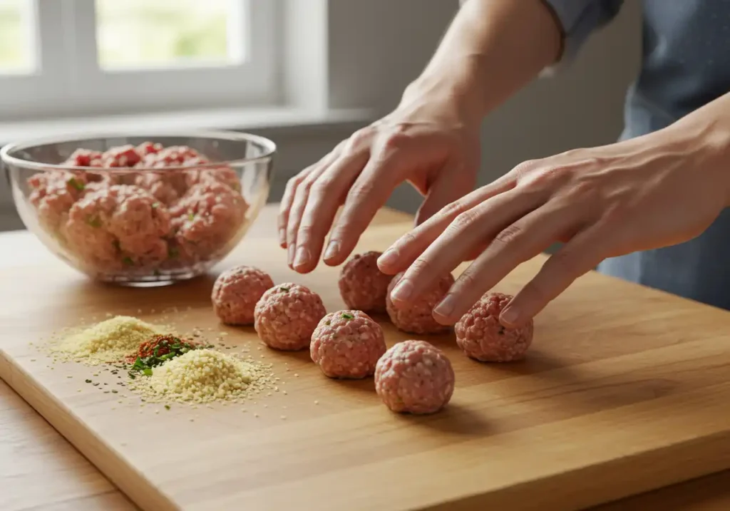  Preparing meatballs for Chickarina Soup on a kitchen countertop.