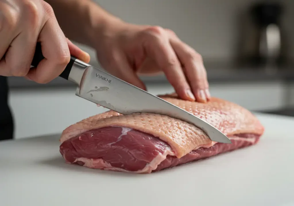 Scoring duck breast skin for cooking, ready to be prepared for sauerkraut recipe.
