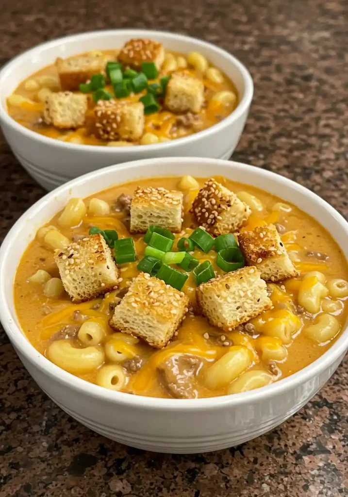 A normal kitchen counter displaying two bowls of cheeseburger macaroni soup topped with sesame seed bun croutons and green onions, ready to be served.