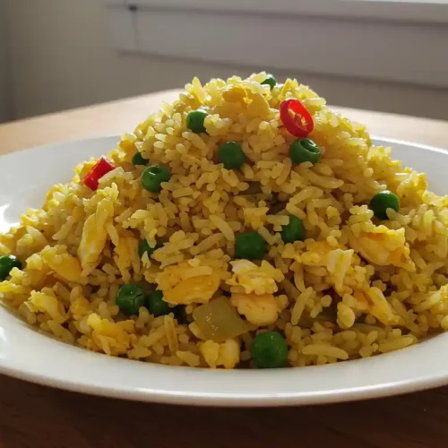 Anjappar-style egg fried rice served on a rustic kitchen table, highlighting the vibrant colors and textures.