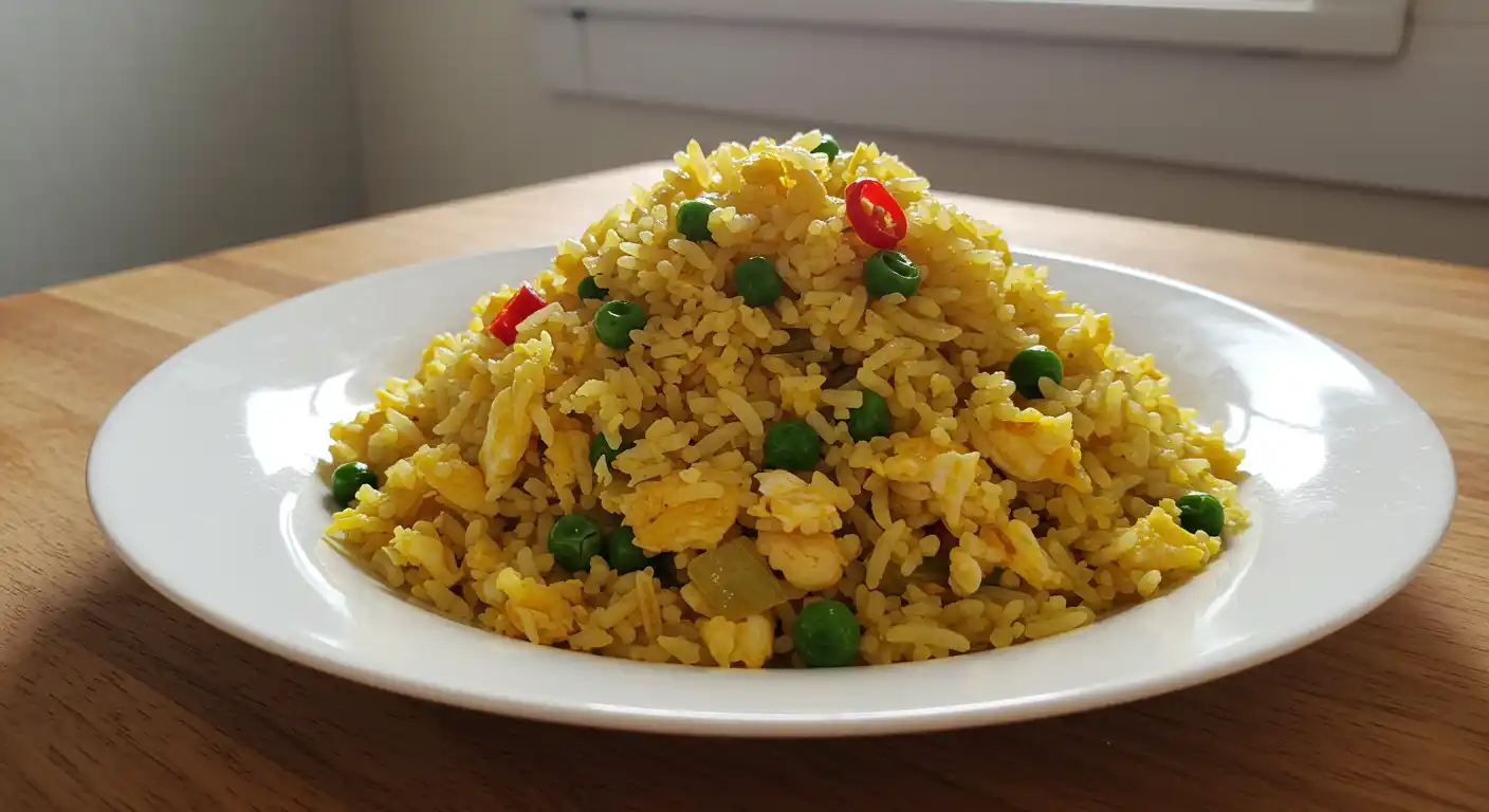 Anjappar-style egg fried rice served on a rustic kitchen table, highlighting the vibrant colors and textures.