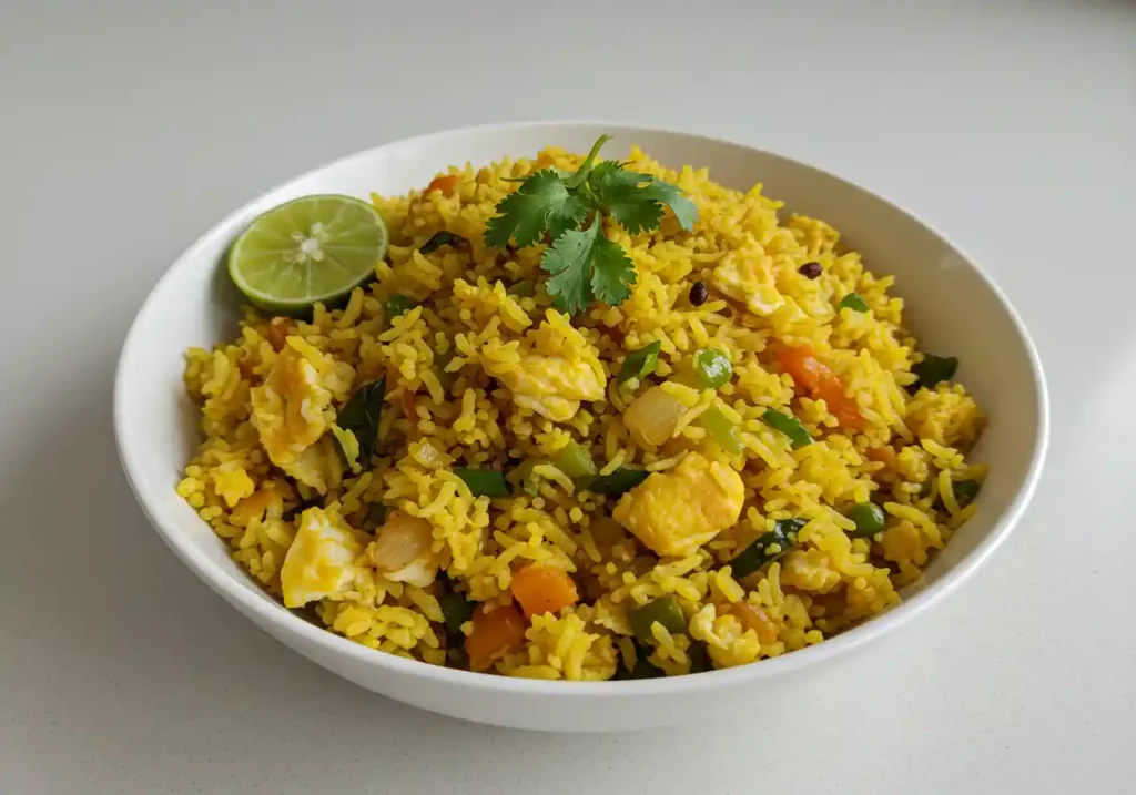 Anjappar-style egg fried rice served in a bowl with coriander garnish and lime on a kitchen countertop.