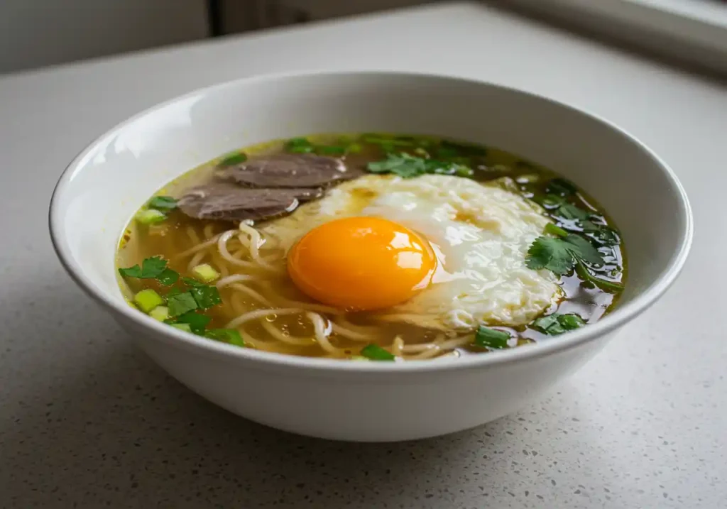 A steaming bowl of rich noodle soup made with duck eggs, featuring golden yolk, tender noodles, and fresh herbs on a modern kitchen table.