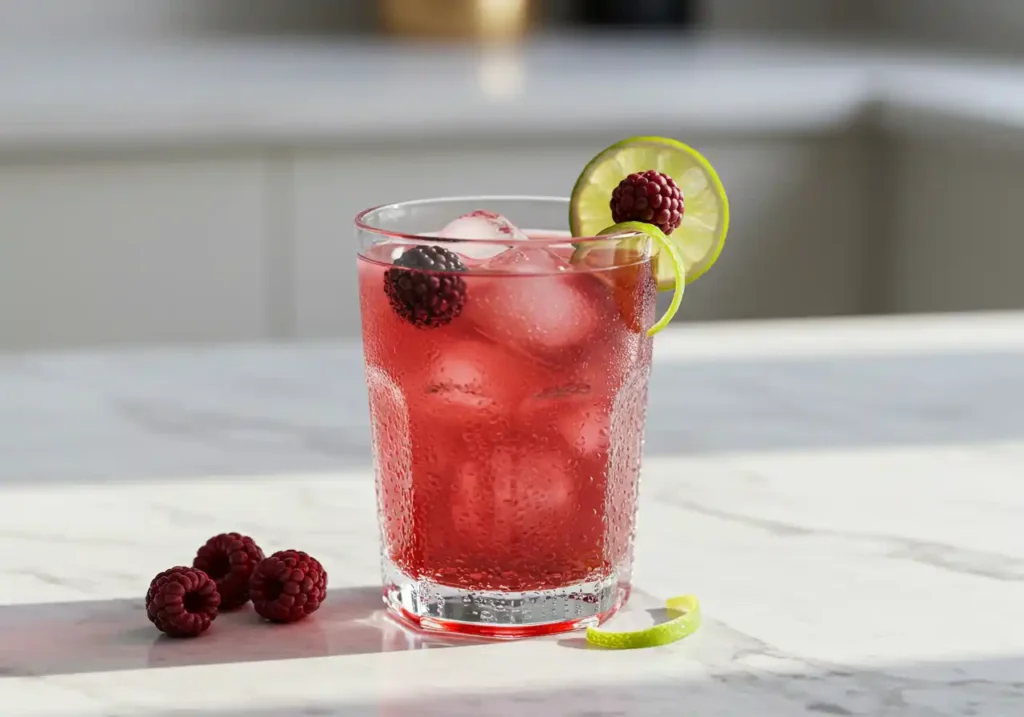 A glass of berry lime cooler with a deep red-purple color, garnished with fresh berries and lime zest.