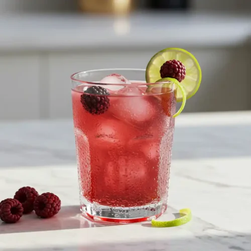 A glass of berry lime cooler with a deep red-purple color, garnished with fresh berries and lime zest.