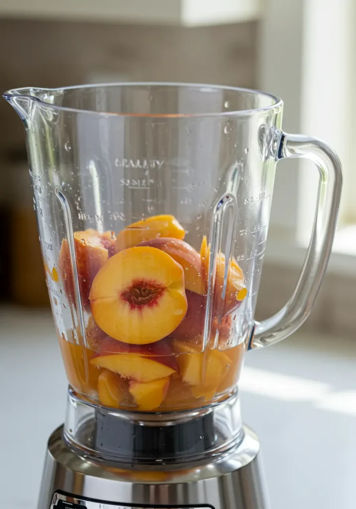 Fresh peach slices in a blender with water, ready to be blended into smooth peach nectar.