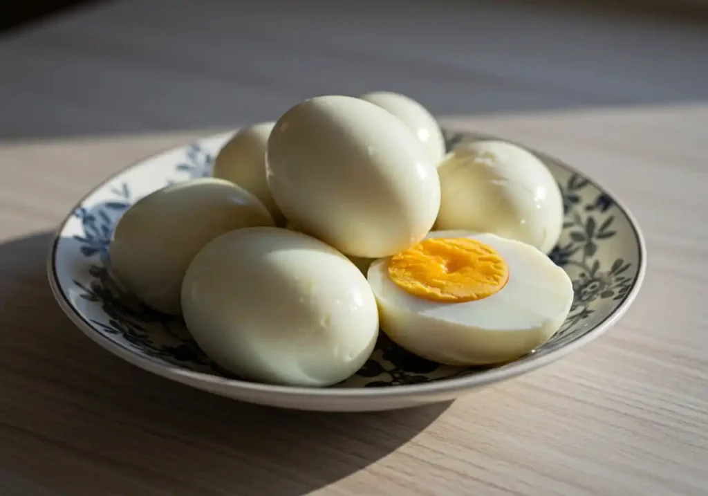 A plate with peeled hard-boiled duck eggs, neatly arranged on a modern kitchen table, showcasing their smooth, rich texture.