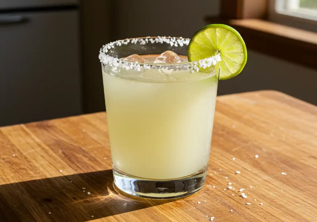 A glass of virgin margarita with a salted rim and lime wedge on a wooden kitchen counter.