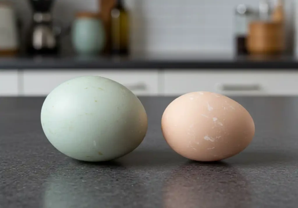 A blue-shelled duck egg and a pale-shelled chicken egg side by side on a modern kitchen countertop, showcasing their size and color differences.