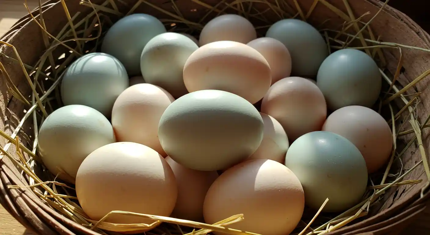 A basket filled with fresh blue-shelled duck eggs resting on a rustic kitchen table.