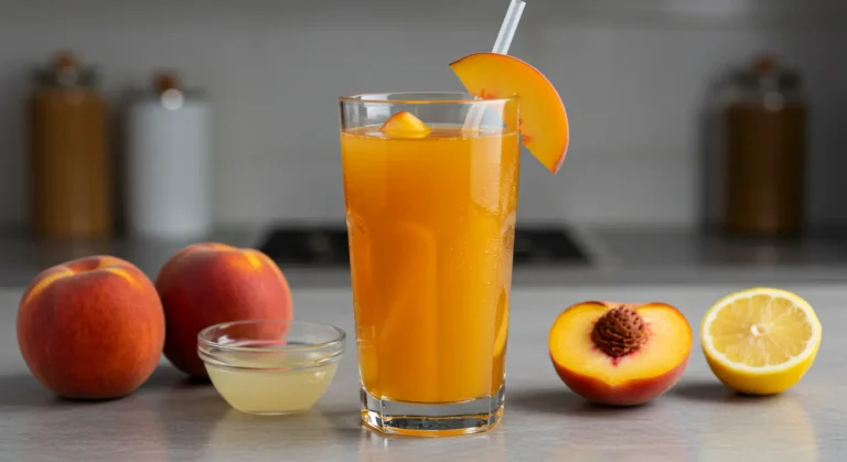 A glass jar filled with homemade peach nectar next to fresh peaches and lemon juice on a kitchen countertop.