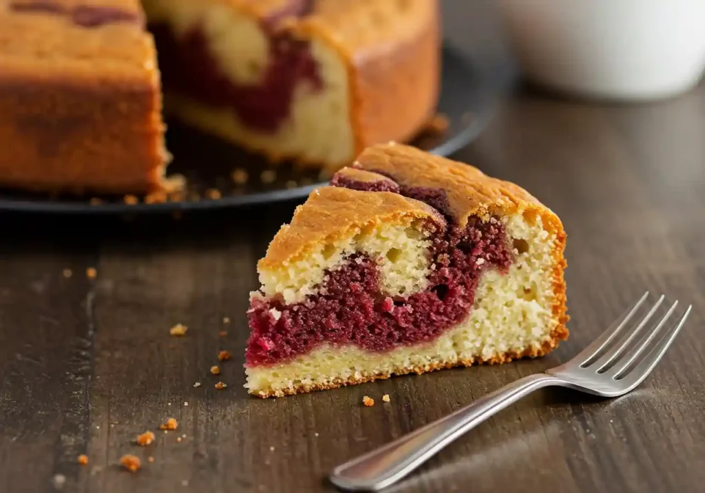 A slice of Strawberry Earthquake Cake showing perfect marbled texture with a gooey, creamy swirl on a kitchen counter.
