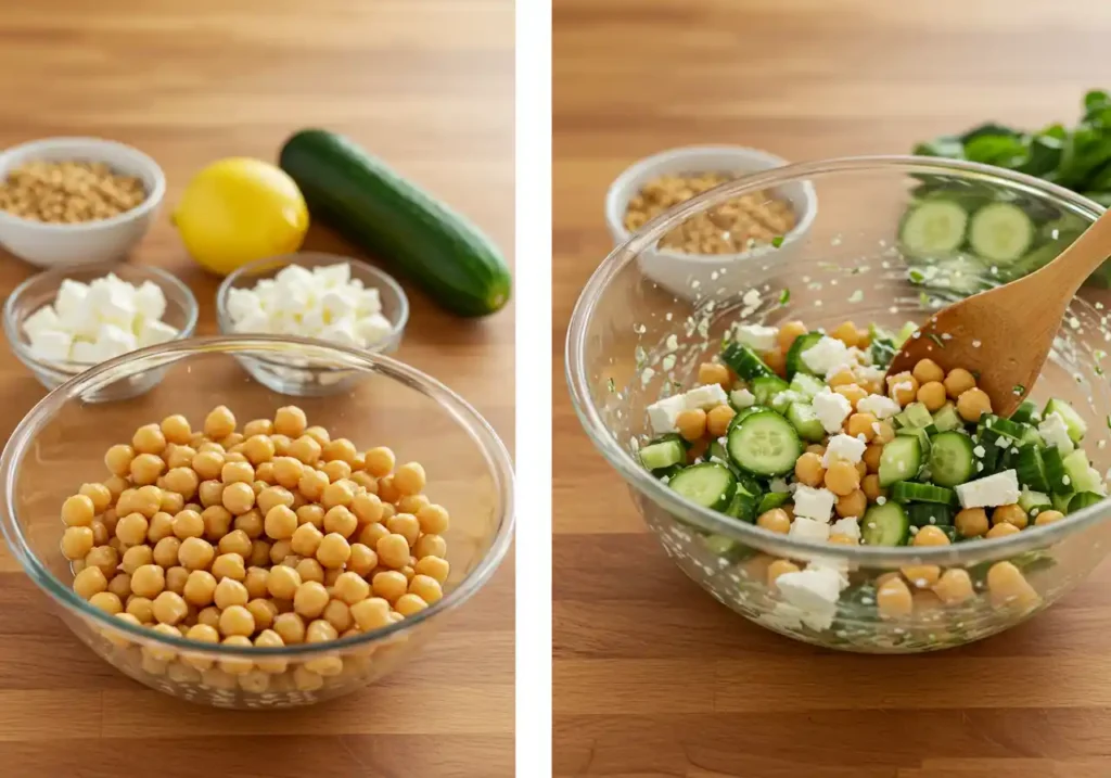 Ingredients for zinc-rich chickpea salad on a kitchen table ready to be mixed.