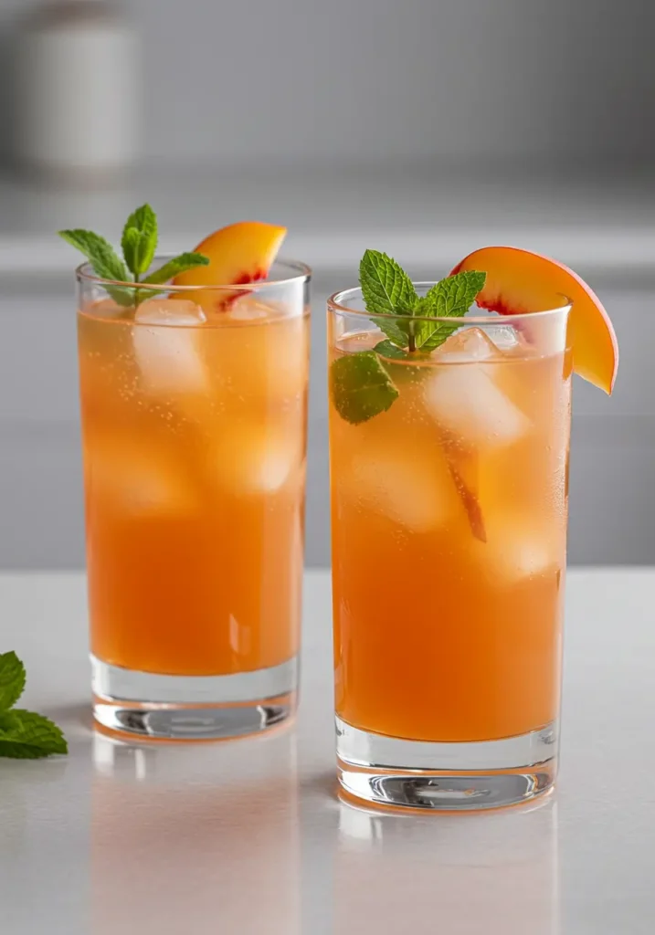 Two glasses of chilled peach nectar with ice cubes, garnished with peach slices and mint on a modern kitchen counter.