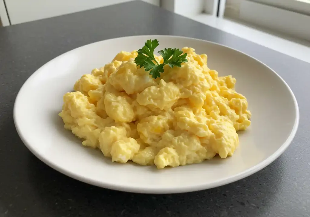 Fluffy scrambled duck eggs with creamy curds and fresh herbs on a minimalist plate, placed on a modern kitchen countertop.