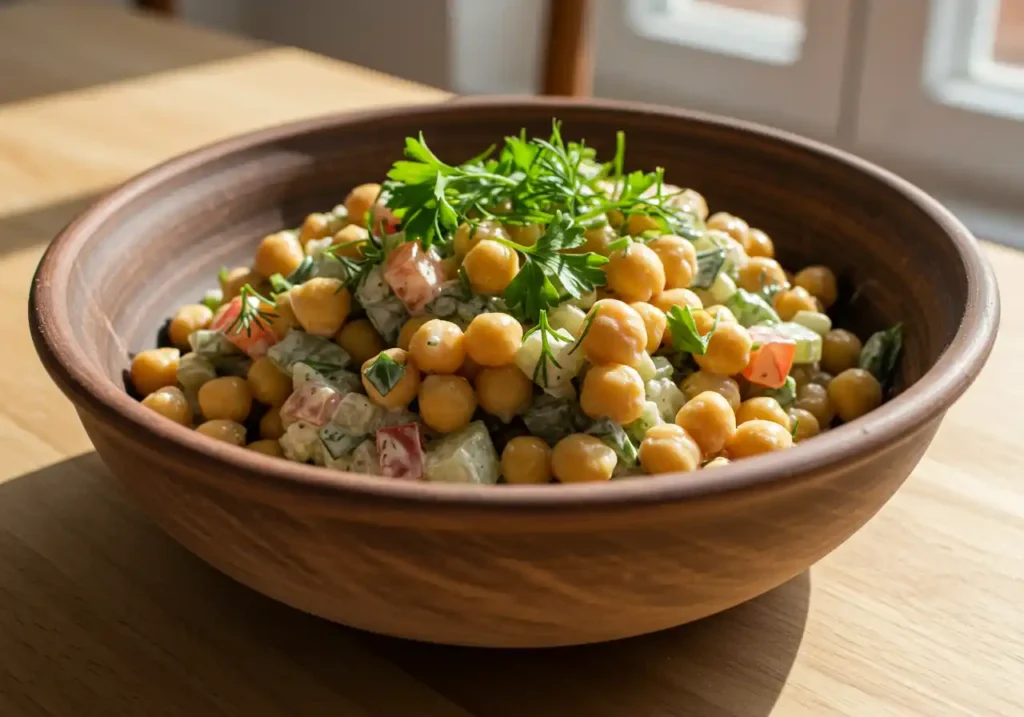 Zinc-rich chickpea salad served in a bowl with fresh herbs on a kitchen table.