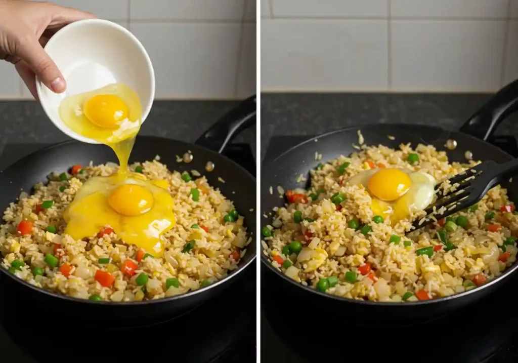 Cooking Anjappar-style egg fried rice in a skillet, showing the stir-fried rice and eggs on a kitchen countertop.