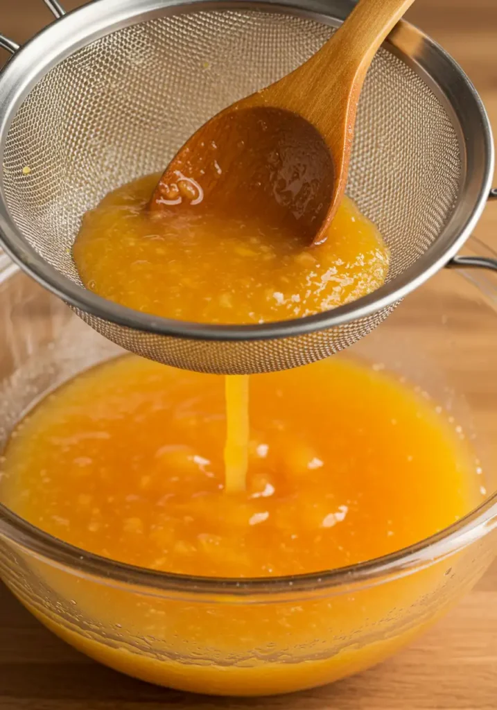 Peach nectar being strained through a fine mesh sieve into a glass bowl for a silky texture.