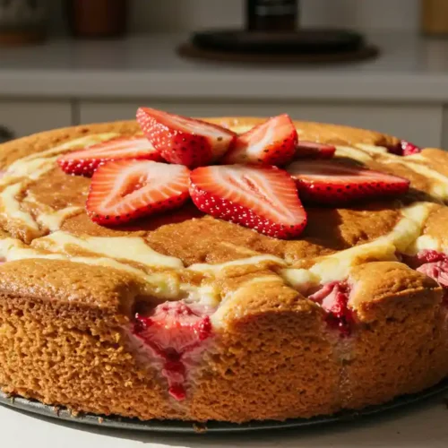 Homemade Strawberry Earthquake Cake with cream cheese swirl and fresh strawberries on a kitchen counter.