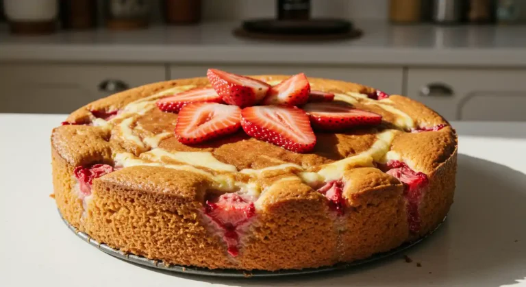 Homemade Strawberry Earthquake Cake with cream cheese swirl and fresh strawberries on a kitchen counter.