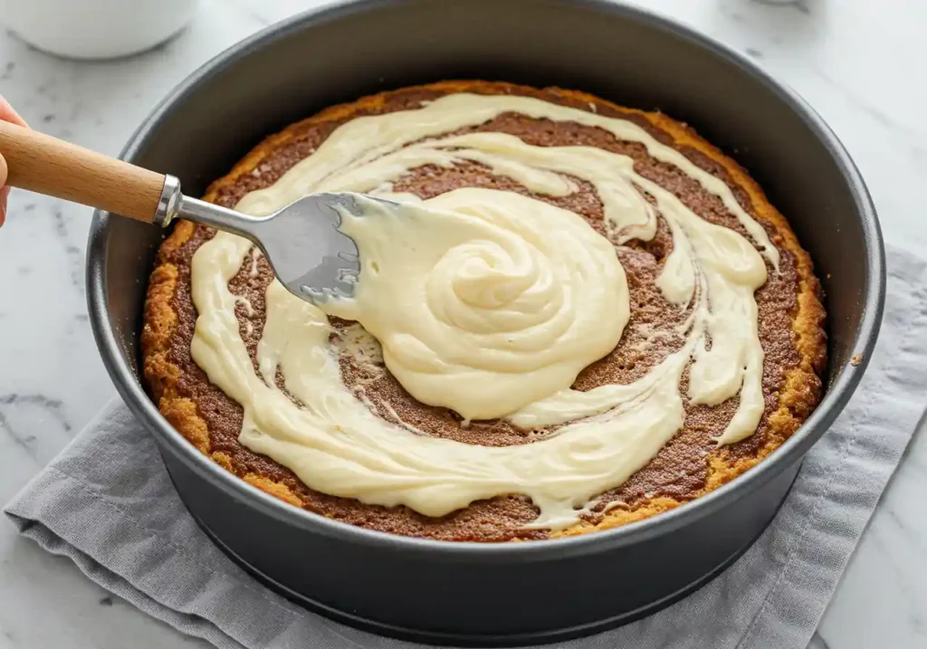 Close-up of Strawberry Earthquake Cake batter being swirled in a baking pan.