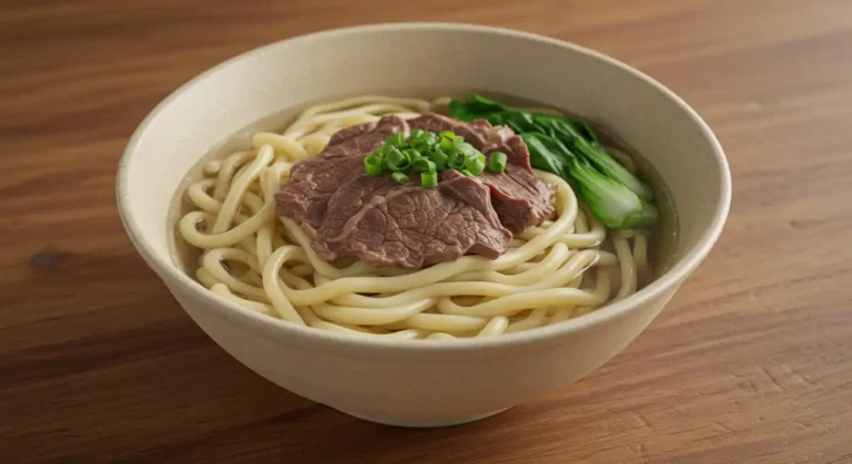 Homemade Taiwanese beef noodle soup served on a wooden kitchen table.