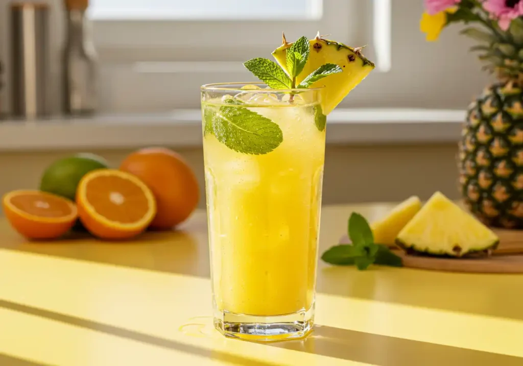 A tall glass of tropical citrus spritzer with pineapple and mint garnish on a bright kitchen counter.