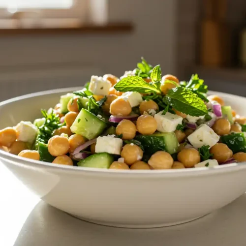 Zinc-rich chickpea salad with cucumber, feta, and fresh herbs.