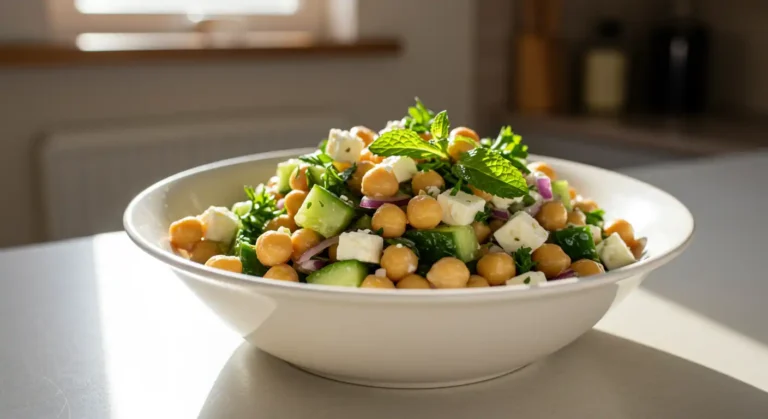 Zinc-rich chickpea salad with cucumber, feta, and fresh herbs.