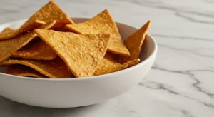A white bowl filled with golden-brown triangular homemade Popcorn Chips, showcasing their crunchy texture, on a light grey marble countertop.
