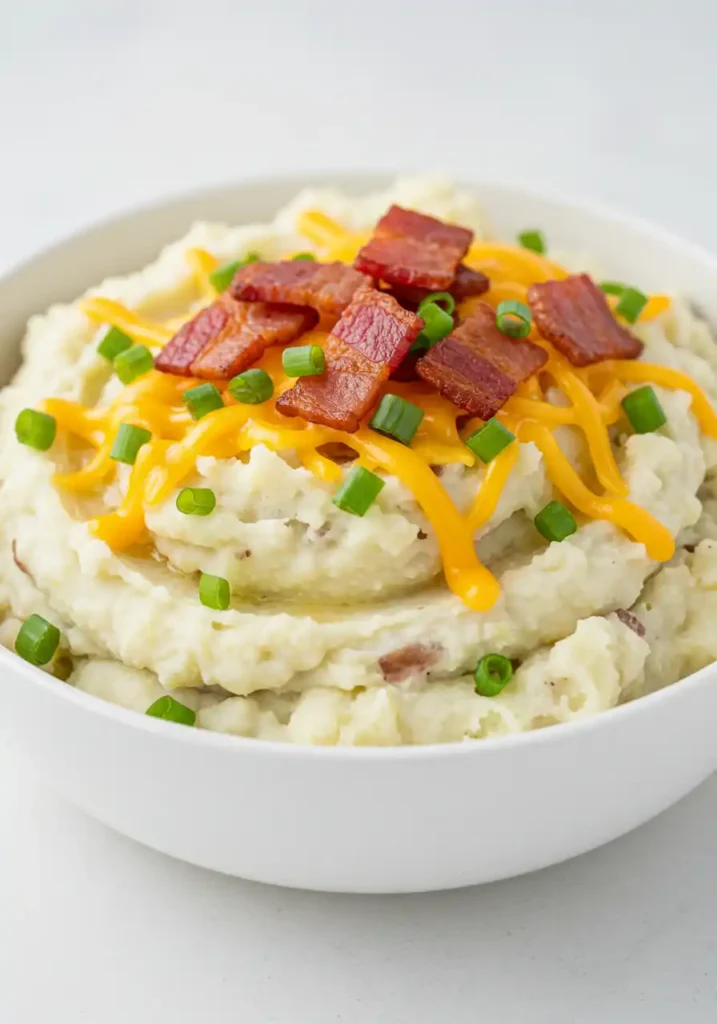 A homemade mashed potato dish topped with crispy turkey bacon, and green onions 