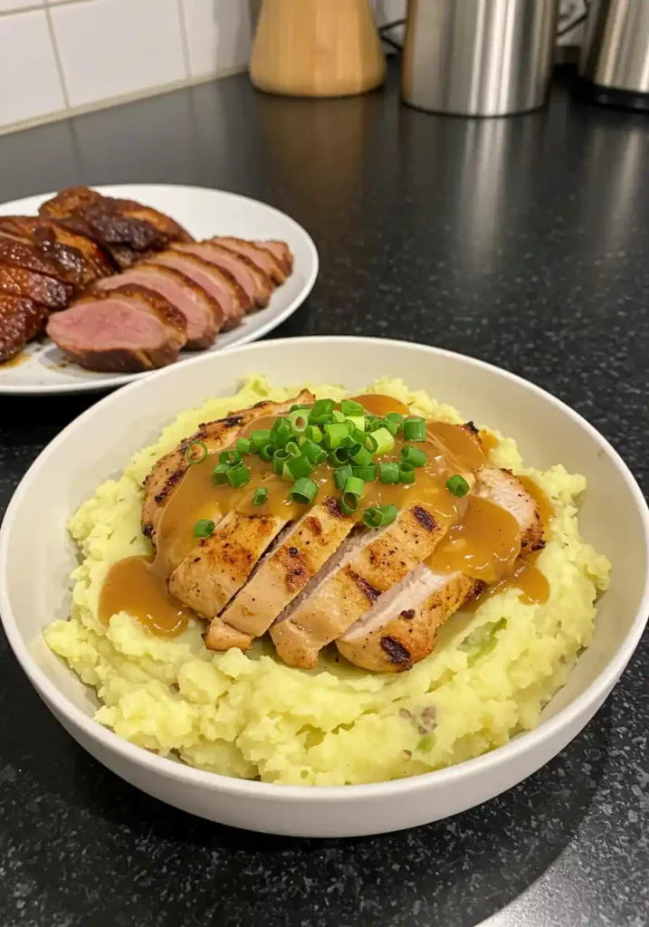 A hearty mashed potato bowl topped with grilled chicken, drizzled with brown gravy, and garnished with green onions, served on a modern kitchen countertop, with roasted duck slices on the side.