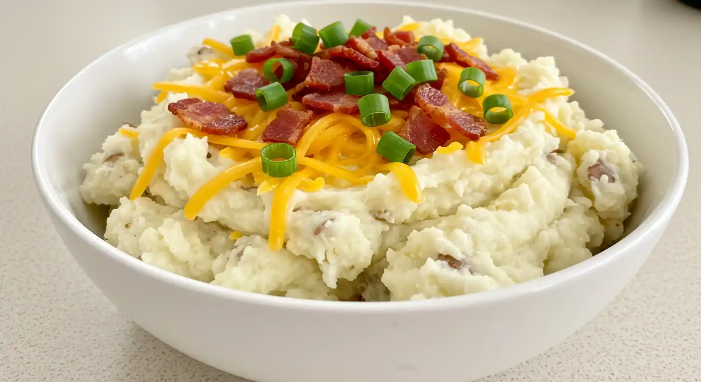 A homemade mashed potato bowl topped with cheese, crispy turkey bacon, and green onions, served in a white bowl on a kitchen countertop.