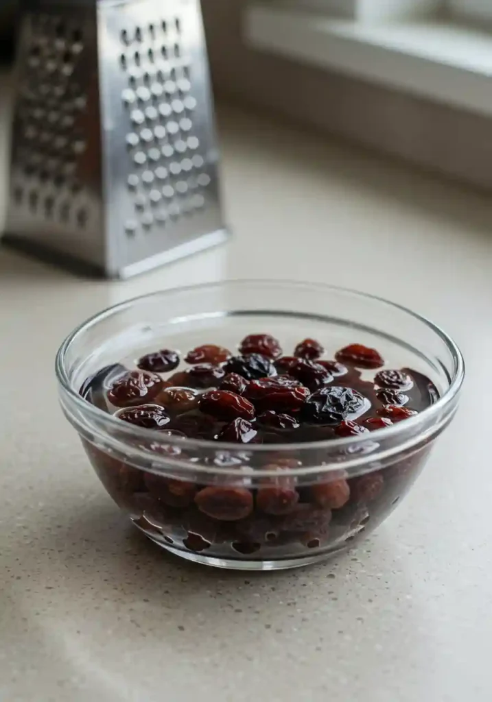 10-Minute Summer Carrot Raisin Salad 2 Freshly grated orange carrots next to a bowl of dark raisins soaking in water, key ingredients for a summer carrot raisin salad.