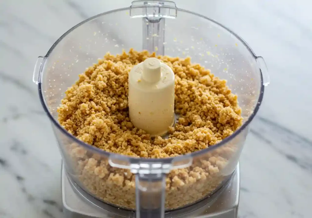 Popcorn Chips: Crunchy & Homemade 3 Close-up of coarse popped popcorn crumbs in the clear bowl of a food processor, illustrating a step in making homemade popcorn chips.
