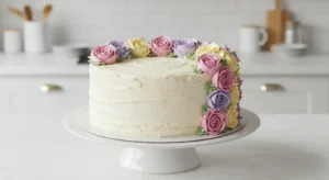 Homemade vanilla birthday cake with pastel buttercream flowers on a white stand