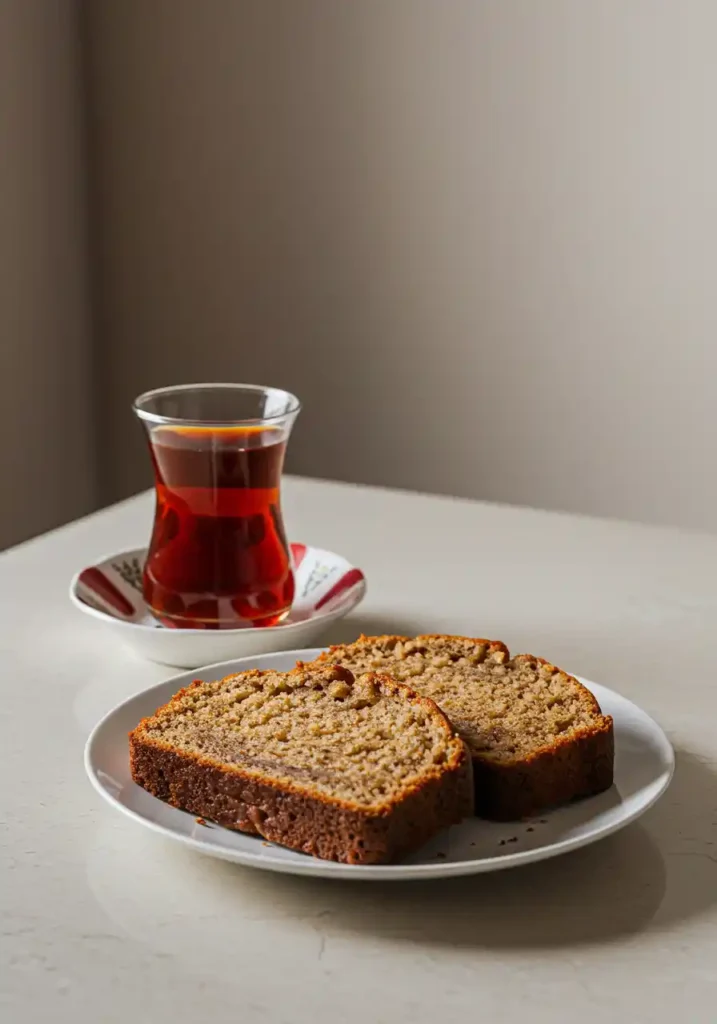 Cottage cheese banana bread served alongside a cup of Turkish tea on a modern kitchen countertop, highlighting the contrast between the soft bread and the aromatic tea.
