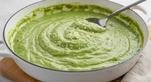image of creamy pesto Alfredo sauce in a skillet with basil and Parmesan.