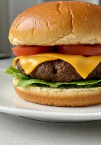 Close-up of a homemade burger with fresh toppings for a Bison Burger Recipe
