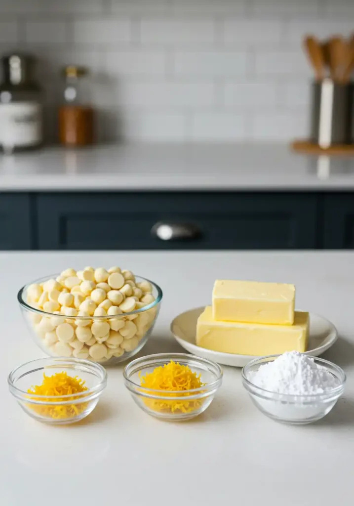 Key ingredients for Lemon Muddy Buddies including Rice Chex, white chocolate chips, lemon zest, butter, and powdered sugar.