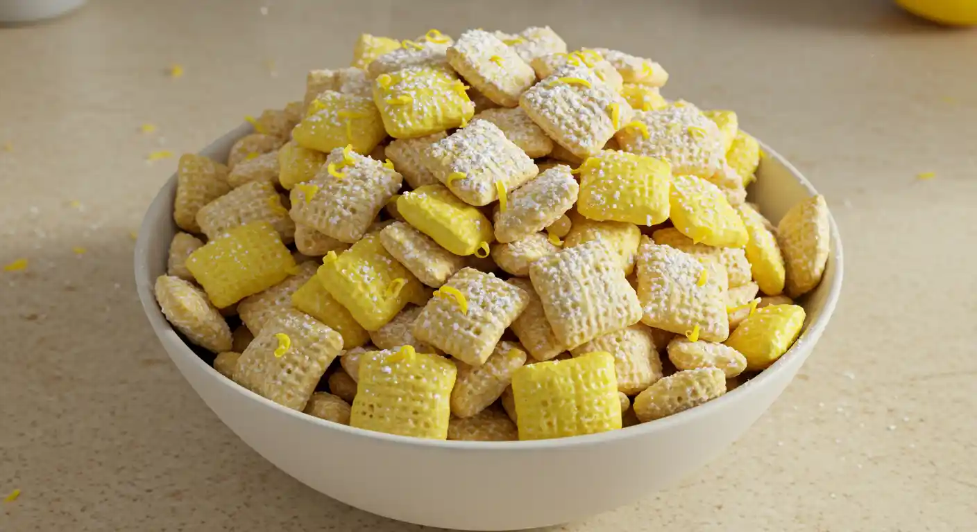 Lemon Muddy Buddies bowl on a modern kitchen countertop with fresh lemon zest and powdered sugar.