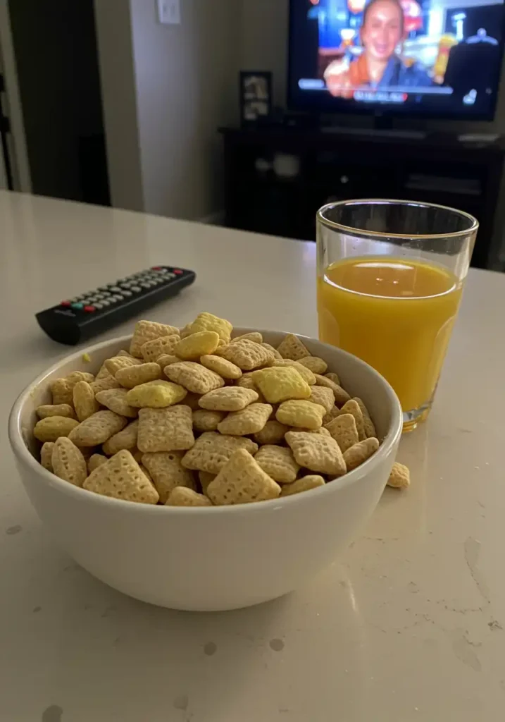 Lemon Muddy Buddies on kitchen countertop with lemonade and movie accessories, ideal for movie night or casual gatherings.