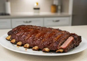 Tender oven-baked beef back ribs with barbecue glaze on a white plate, placed on a clean kitchen counter with natural light
