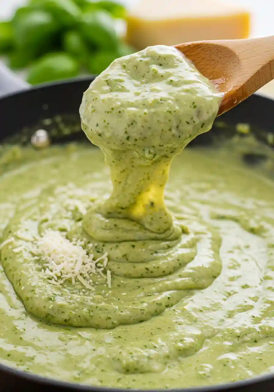 Why This Pesto Alfredo Sauce Beats the Rest 4 Image of rich, creamy pesto Alfredo sauce in a white skillet, topped with basil leaves and Parmesan.