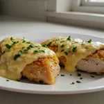 Baked melt-in-your-mouth chicken breast with creamy golden crust on white plate
