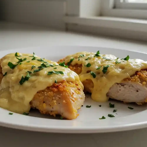 Melt-In-Your-Mouth Chicken Made Simple 4 Baked melt-in-your-mouth chicken breast with creamy golden crust on white plate