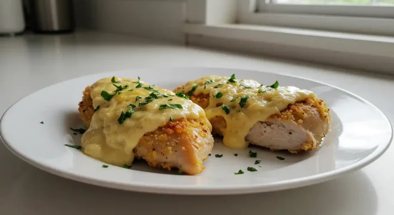 Baked melt-in-your-mouth chicken breast with creamy golden crust on white plate