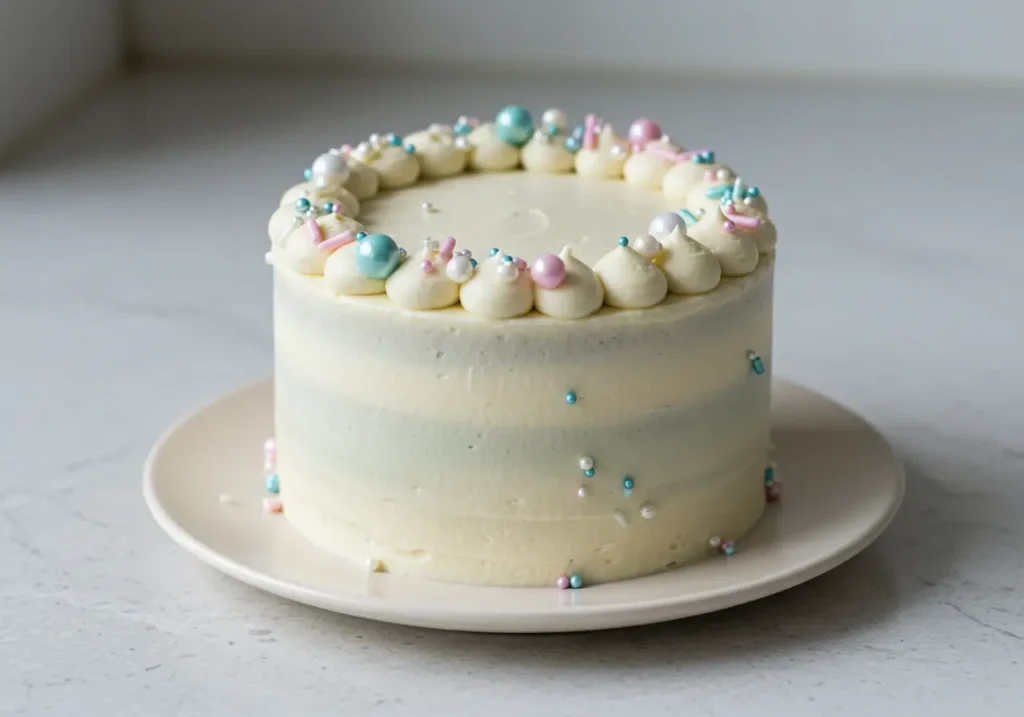 Dreamy Bento Cake Recipe: Simple Fun 4 Modern minimalist bento cake recipe with smooth dusty rose buttercream, a delicate piped border, and sparse elegant sprinkles on a white plate.