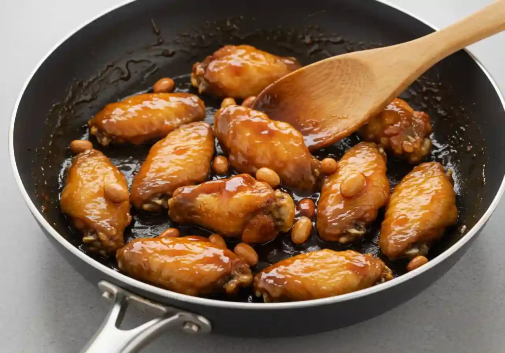 Korean Fried Chicken Recipe: 7 Must-Know Tips for Crispy Skin 4 Crispy fried chicken wings being coated in a sticky, glossy sauce in a skillet with a wooden spoon.